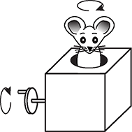 A toy consisting of a mouse sticking out of a hole in a box and a crank on one side of the box.