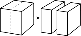 A single cube, which is eventually cut in the middle to produce two congruent rectangular solids.