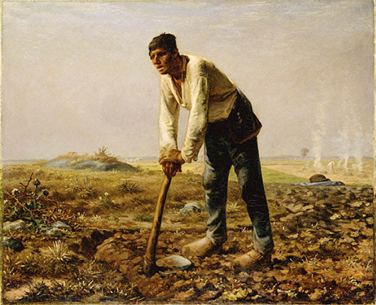 Man in the foreground hunched over a farming tool...