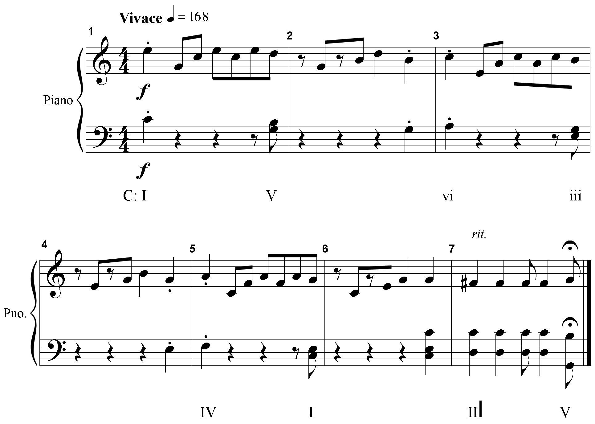 a seven bar tonal-melody ending on the dominant V