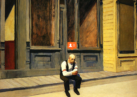 a painting of a man sitting on a sidewalk