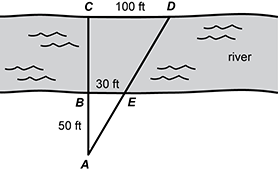 a diagram with a river and two lines running across the river with points A,B,C,D, and E